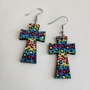Rainbow Animal Print wood Cross Dangle Casual Earrings